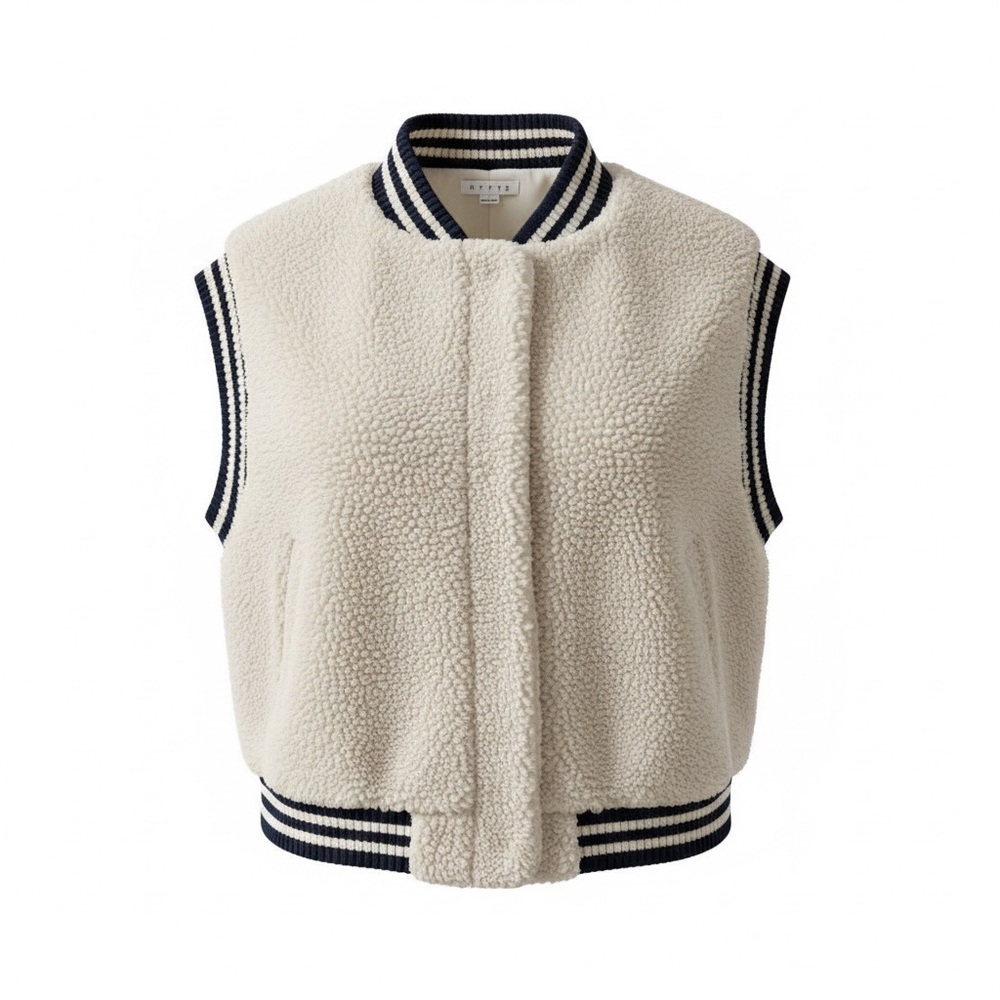 Oversized Cream Sherpa Vest with Striped Trim